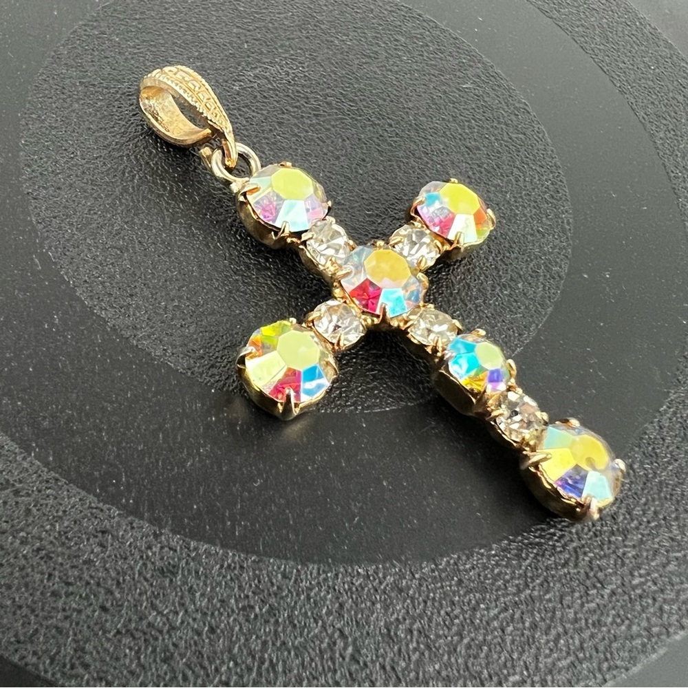 Gold Tone Cross Pendant w/ Aurora Borealis Crystals